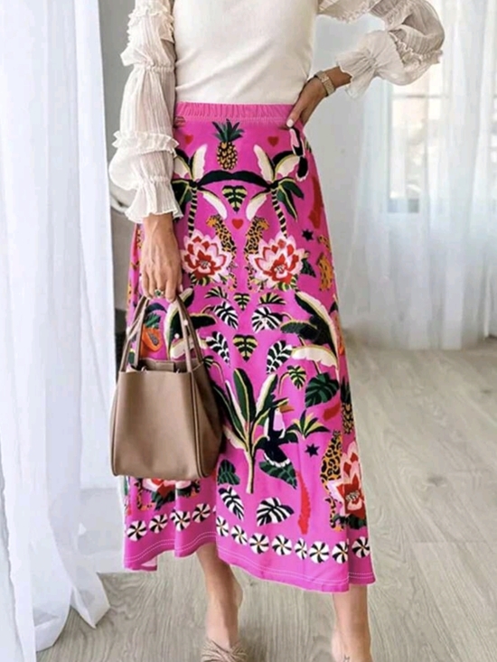 Source Unknown Dresses & Skirts - Hot Pink Tropical Maxi Skirt with Floral & Palm Motifs